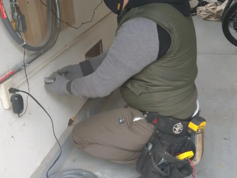 Electrician performing outlet wiring in a Duarte garage